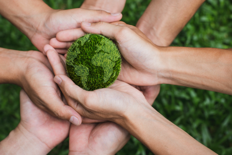 Grüne Weltkugel mit Händen: Social Entreprenuership – Motiv